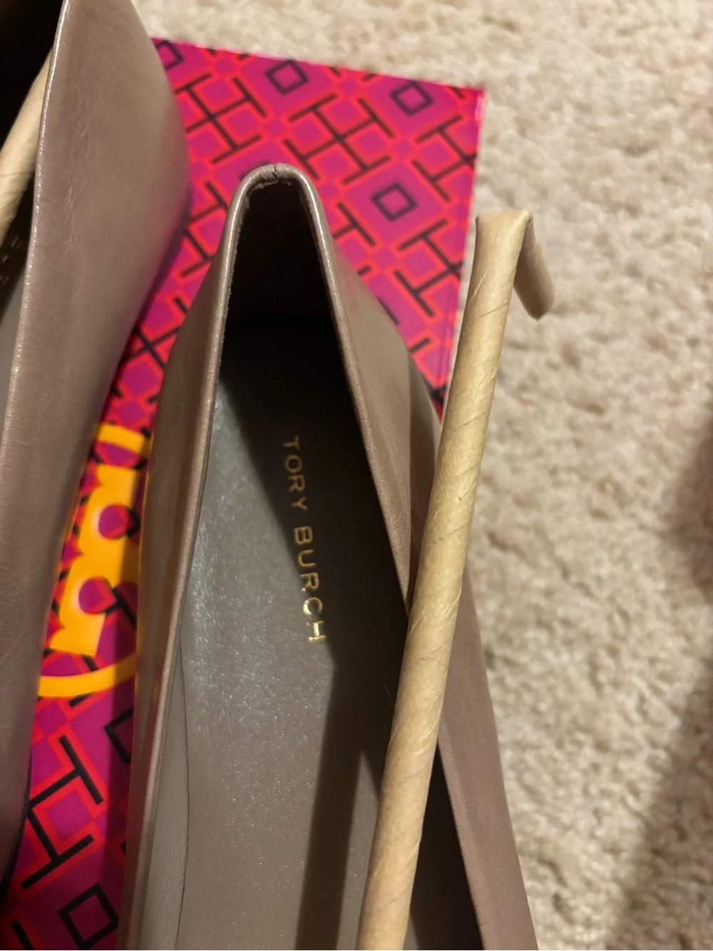 Tory Burch Taupe Leather Logo Ballet Flats